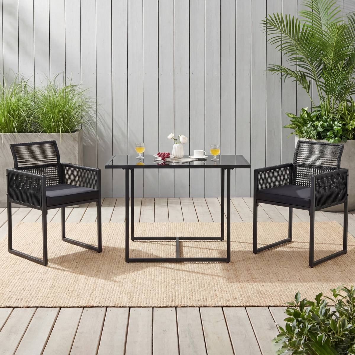 HW75169DK Outdoor Dining Set with Folding Backrest & Seat Cushion - Black - 3 Piece