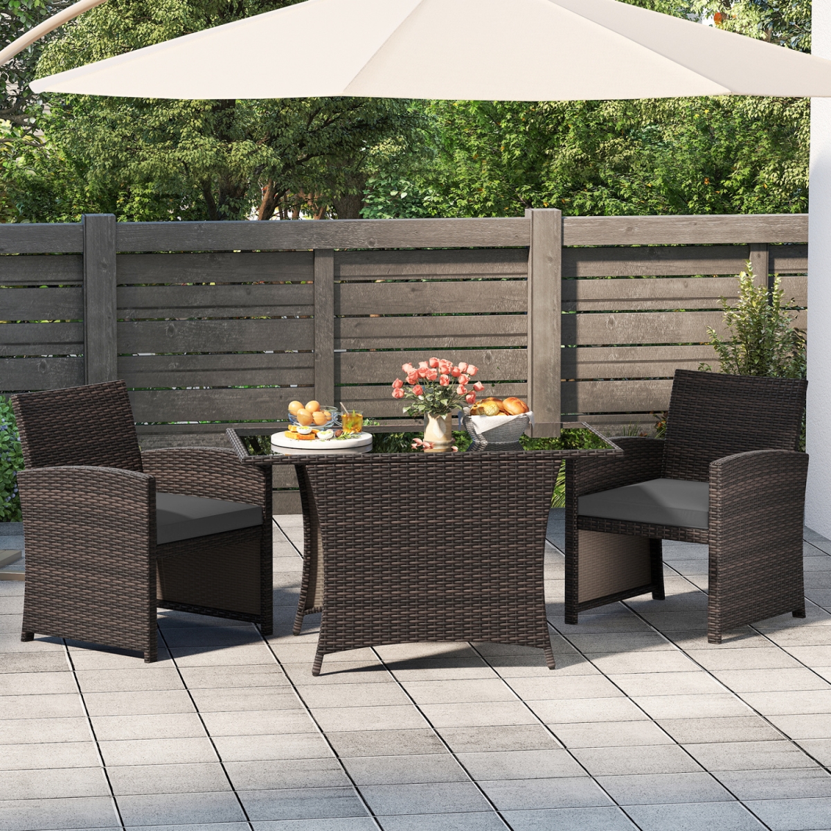 HW76057GR Patio Wicker Dining Set with Rectangle Tempered Glass Dining Table - Gray - 3 Piece