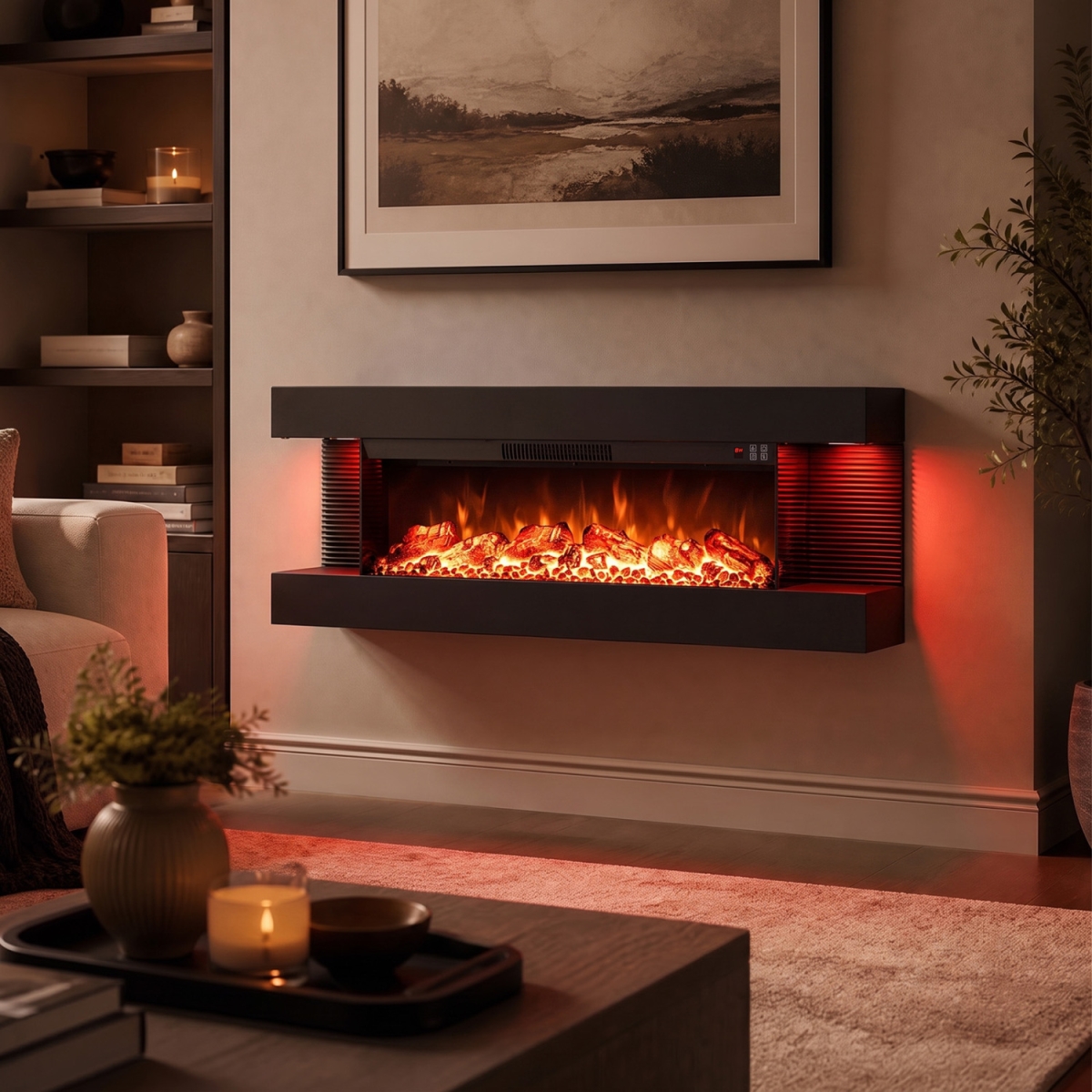 FP11227US-50BK 3-Sided Wall Mount Electric Wi-Fi Fireplace with Floating Mantel & 12 Flame Ambient - Black - 50 in.