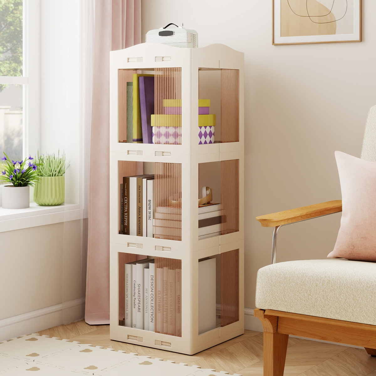 CB11096WH 3-Tier Foldable Rotating Bookshelf with Swivel Base & Translucent Panels - White