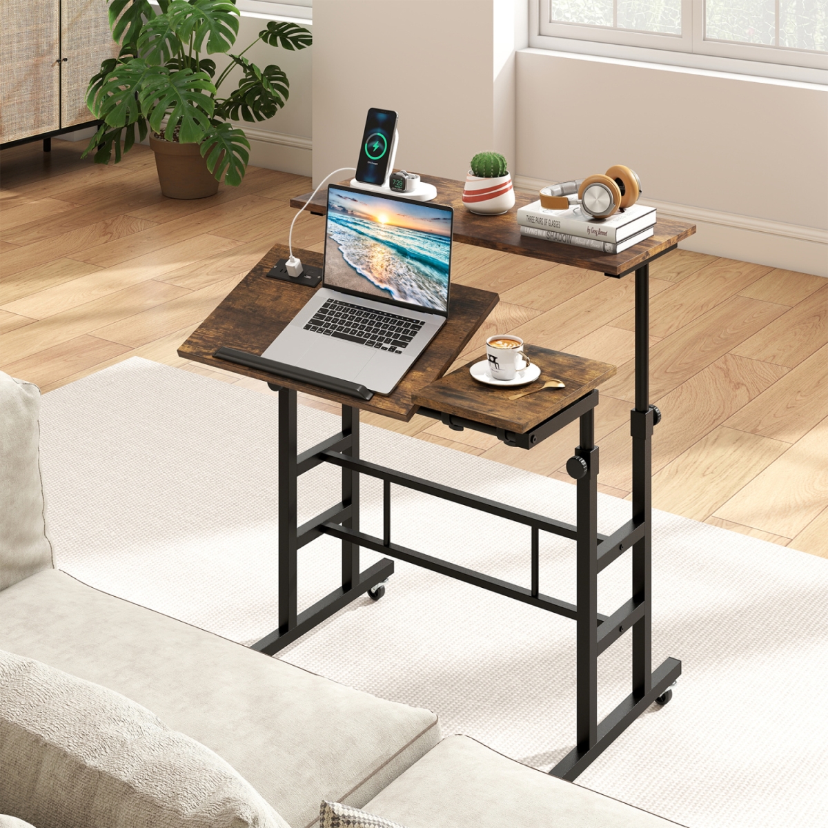 CB11201US-CF Height Adjustable Mobile Standing Desk with Power Outlets & Portable Rolling Laptop Cart on Wheels - Rustic Brown