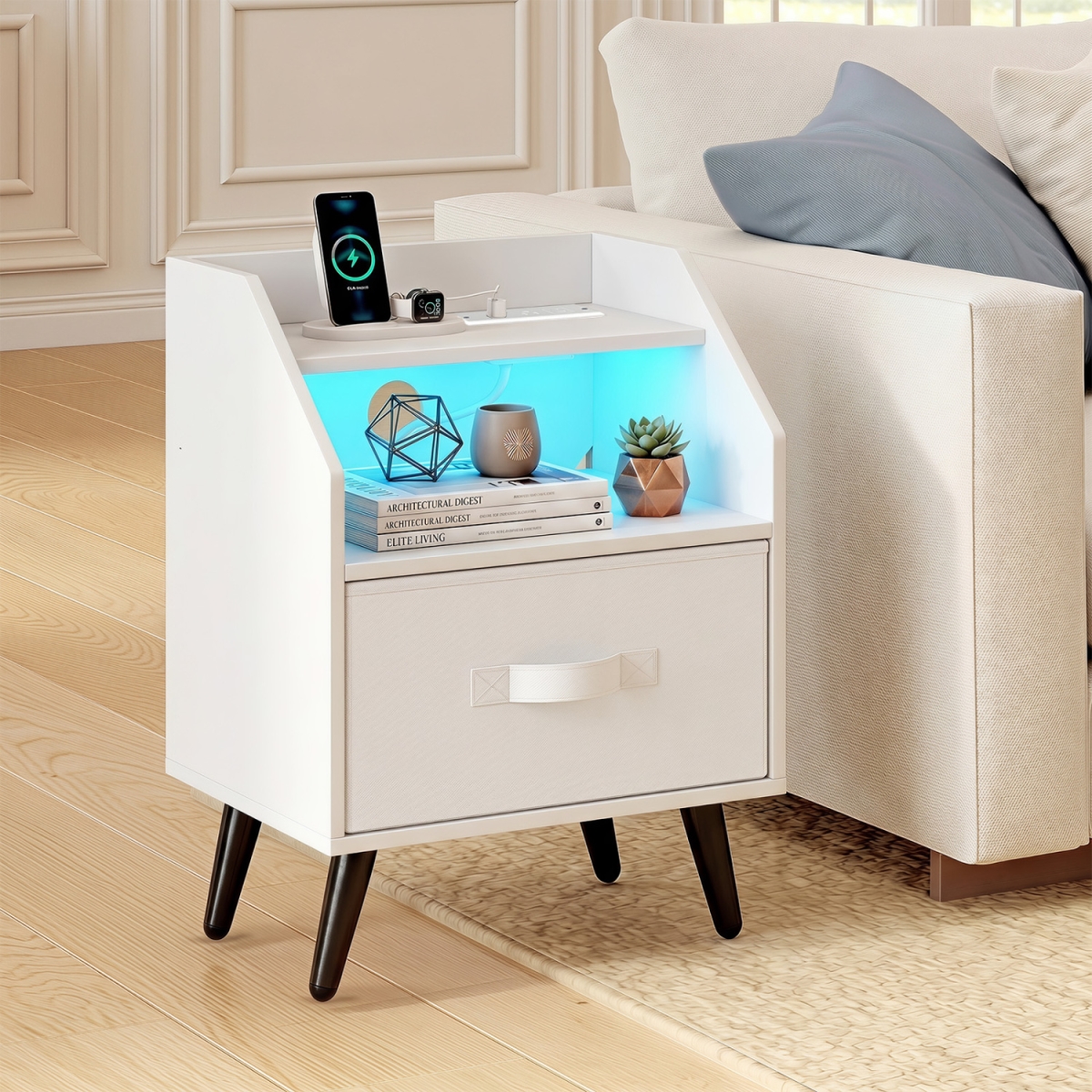 HU11301US-1WH Nightstand with Power Outlets & Open Storage Shelf - White