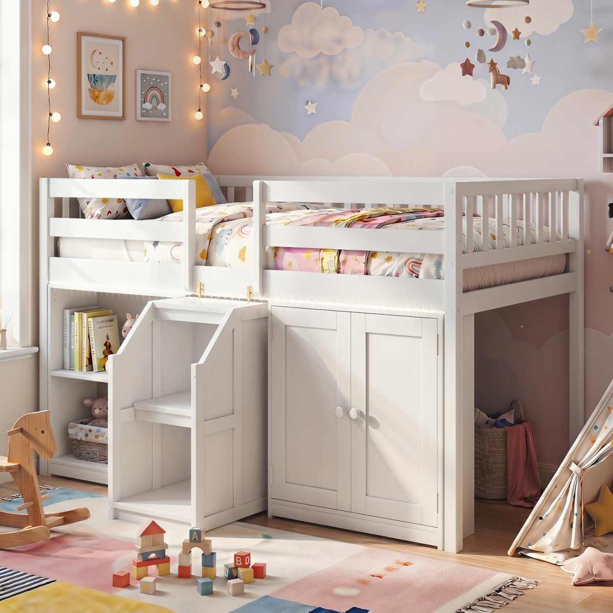 HU11302WHT- Twin Size Loft Bed with LED Lights & Kids Wooden Bed Frame - White