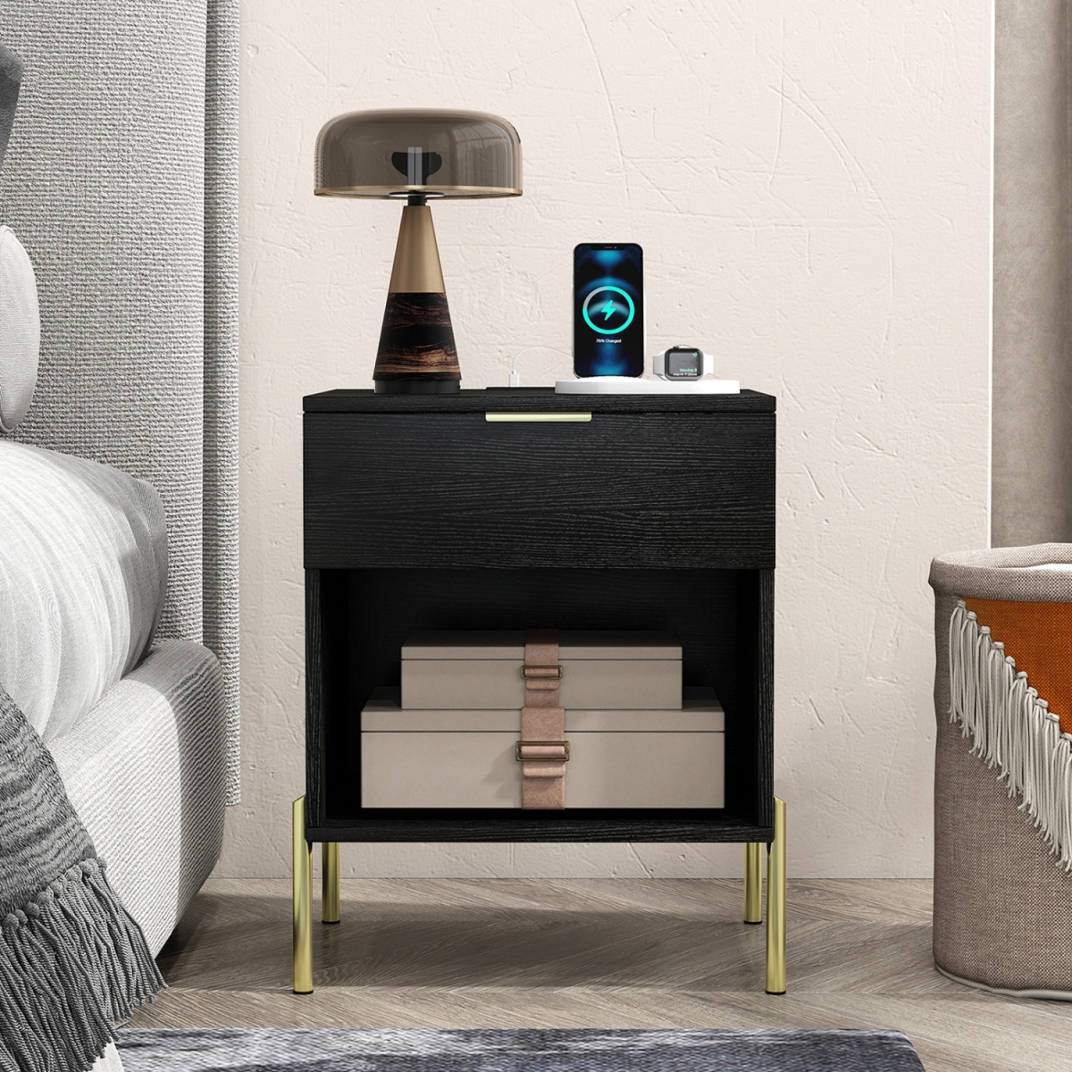 HU11333US-1DK Modern Nightstand with Charging Station - Black