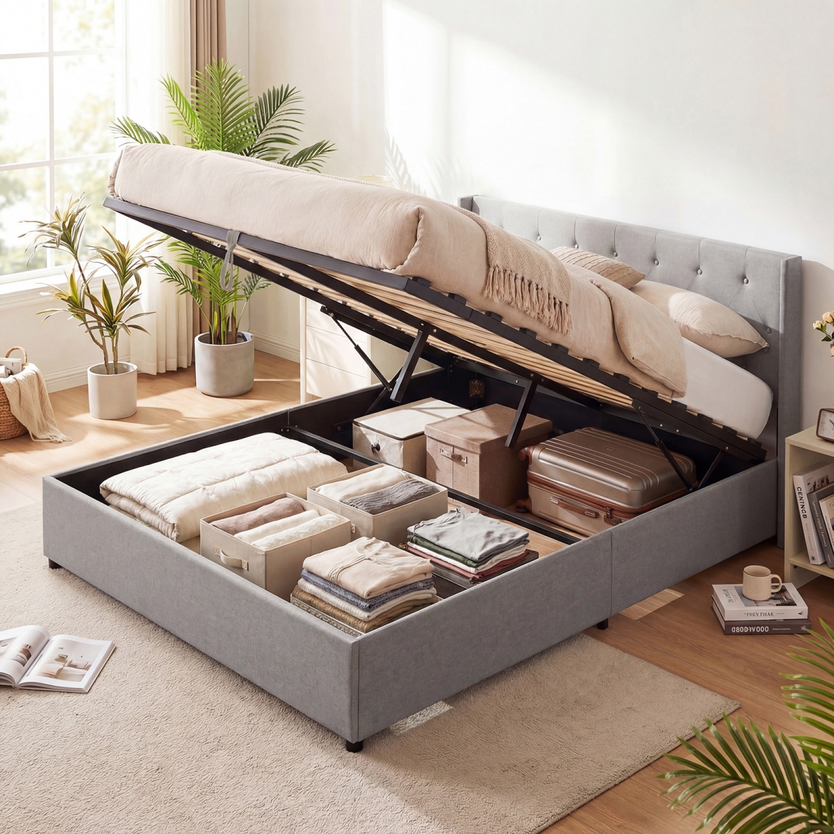 HU11350GR-Q Lift-Up Storage Bed Modern Linen Upholstered Platform Bed - Gray - Queen Size