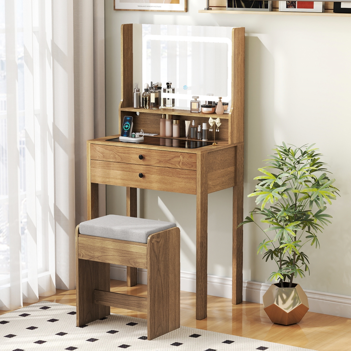 HU11199US-NA Small Vanity Desk with Mirror & Lights for Bedroom - Natural