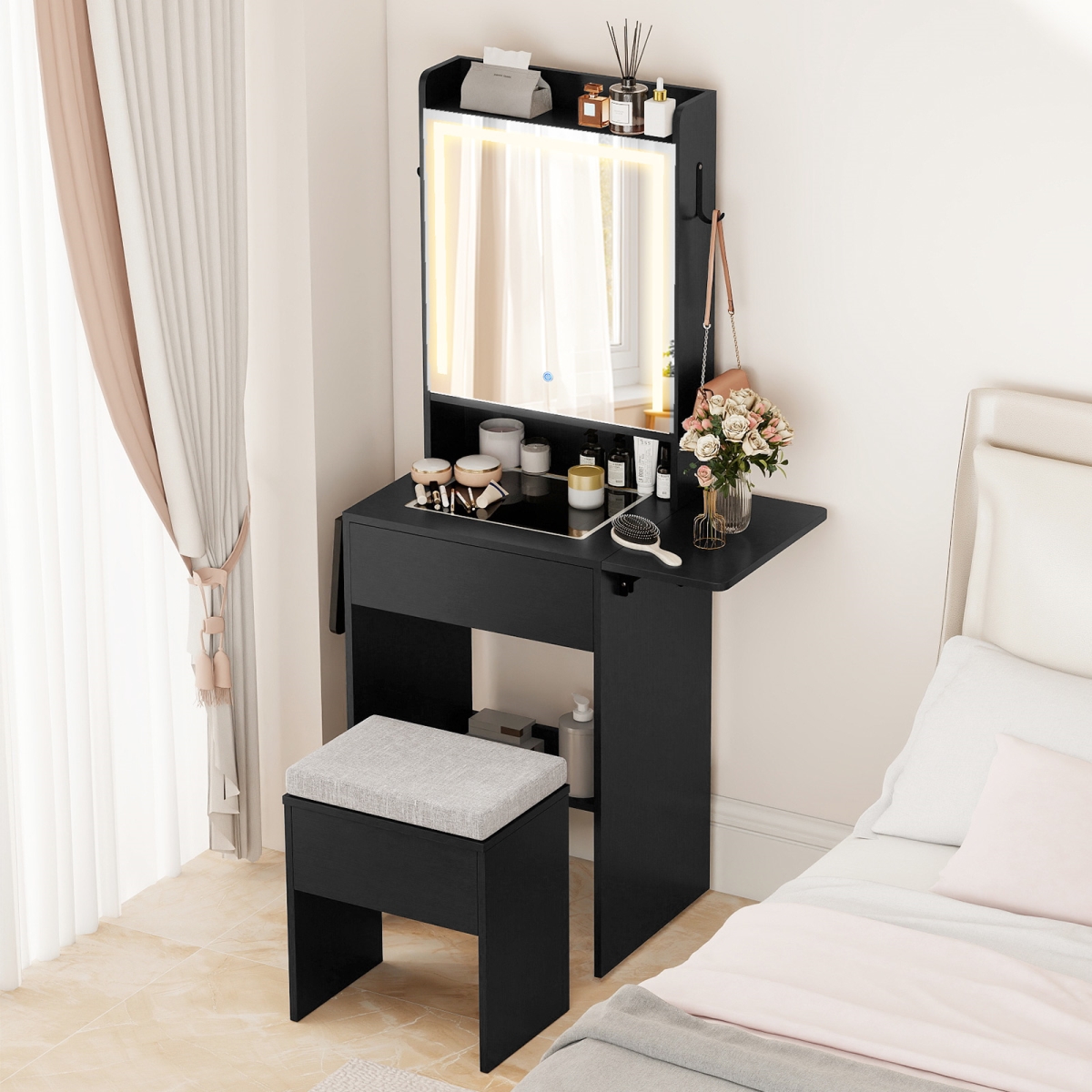 HU11222US-DK Space-Saving Vanity Desk with Mirror & Lights for Bedroom - Black