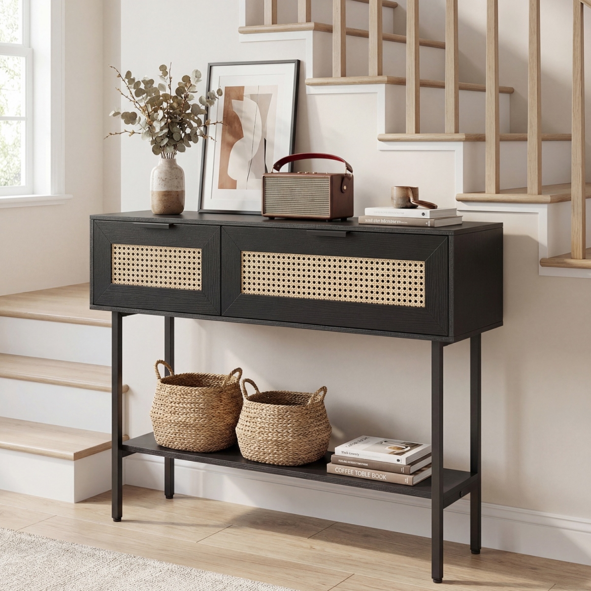 HU11270DK Rattan Console Table with 2 Storage Cabinets Shelf Carbon Steel Frame - Black
