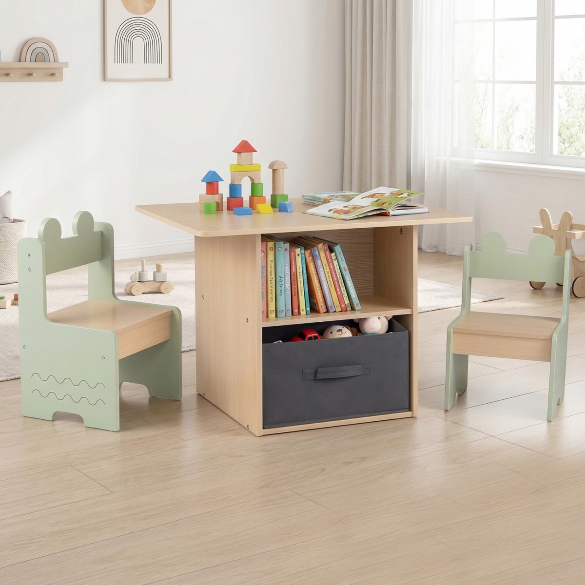 HY10514GN Wooden Kids Table & Chairs Set with 2 Open Compartments - Green