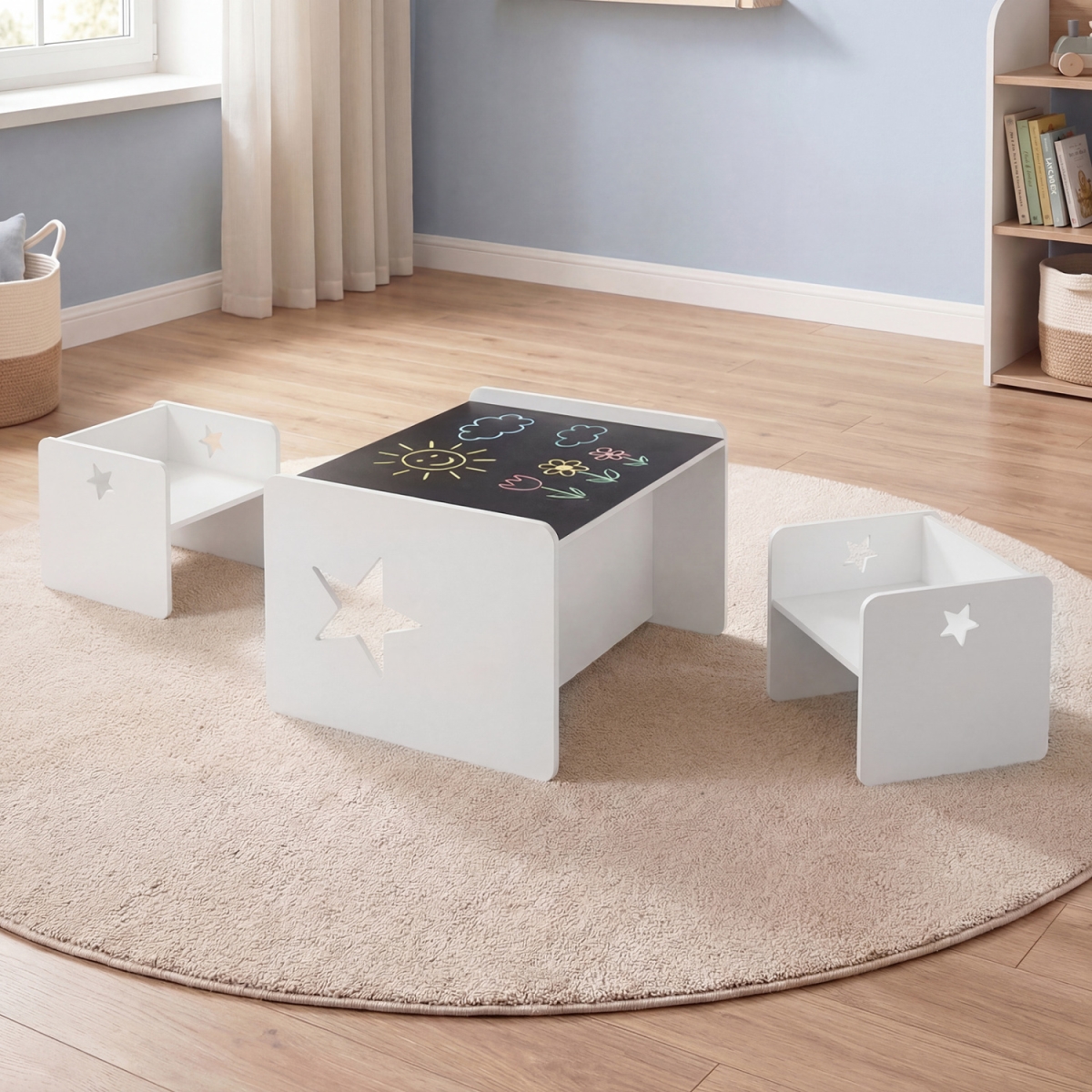 HY10516WH Kids Table & Chair Set Space-Saving Toddler Table & 2 Chairs - White - 3 Piece