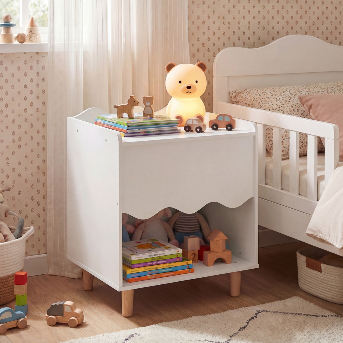 HY10541WH Toddler Scalloped Side Table with Wide Top & Open Compartment - White