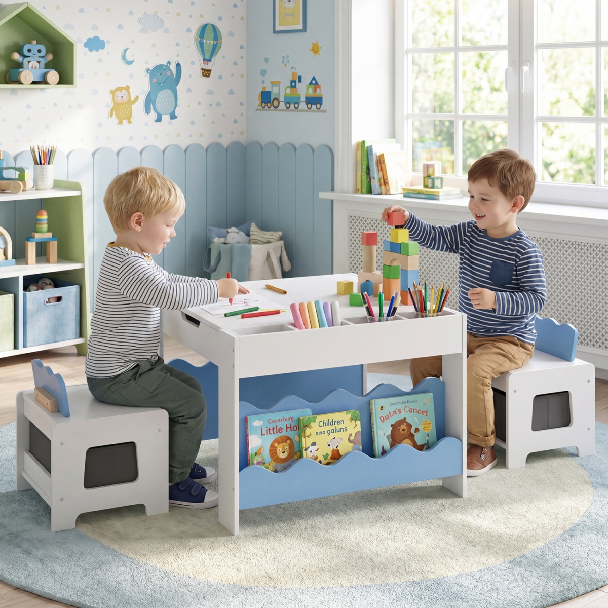 HY10547BL Multi-Purpose Activity Kids Table & Chairs Set with Double-Sided Tabletop - Blue