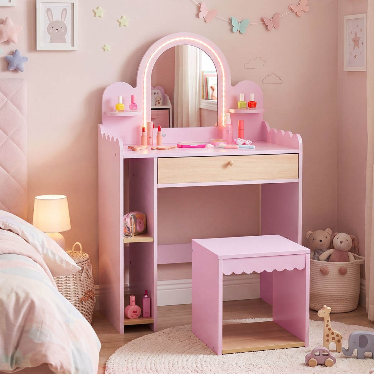 HY10603PI Pretend Makeup Dressing Table Set with 2 Small Shelves & Compartments - Pink