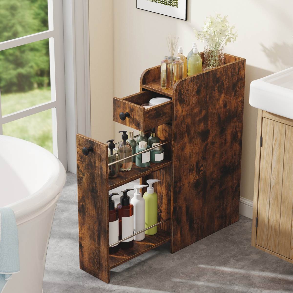 BA8417CF Small Bathroom Storage Cabinet 4-Tier with Slide Out Drawers on Casters - Brown