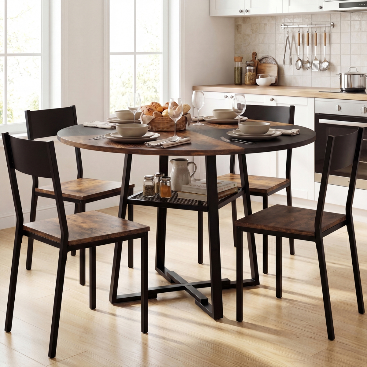 HV10921CF Round Dining Table for 4-6 with Storage Shelf & Metal Legs - Rustic Brown