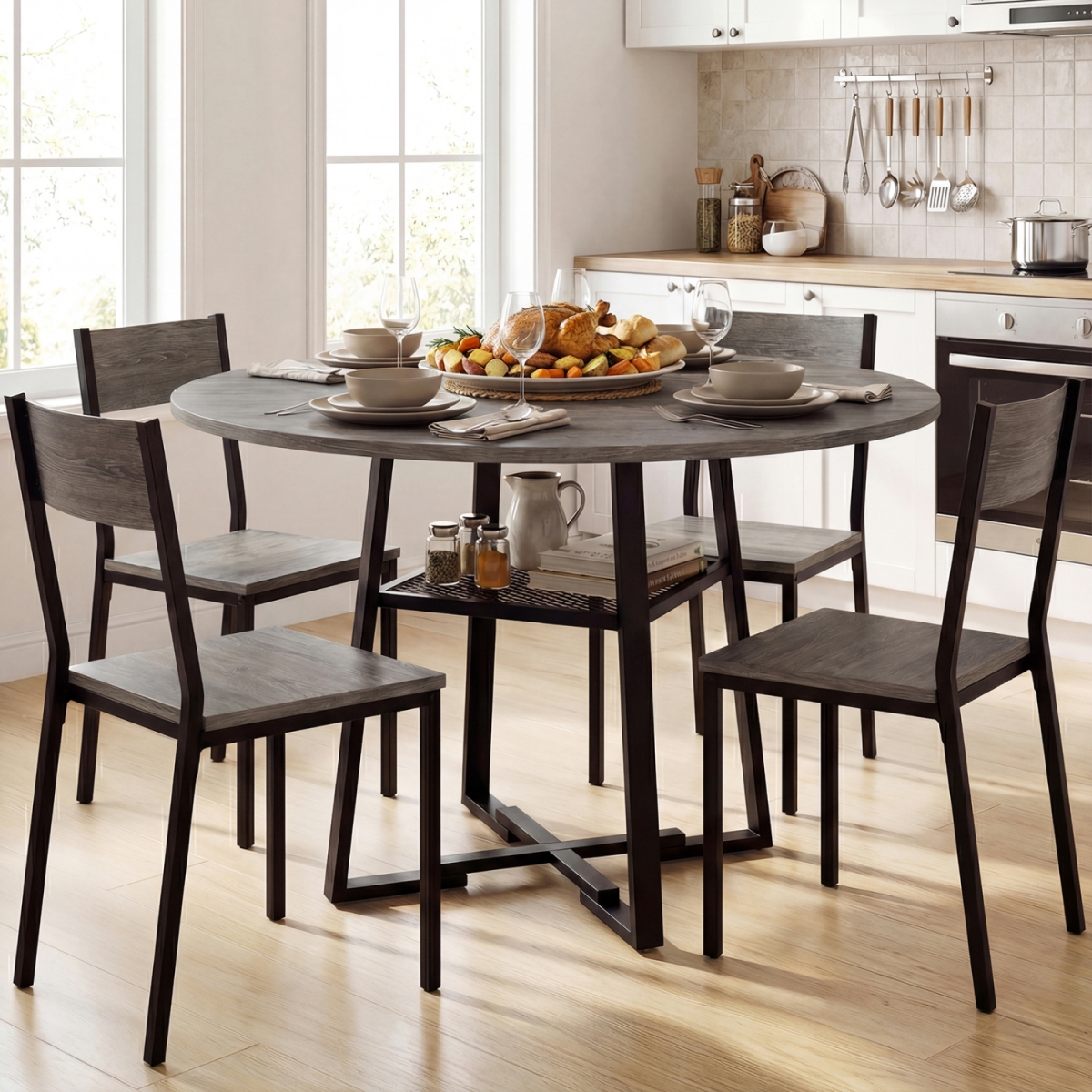 HV10921GR Round Dining Table for 4-6 with Storage Shelf & Metal Legs - Gray