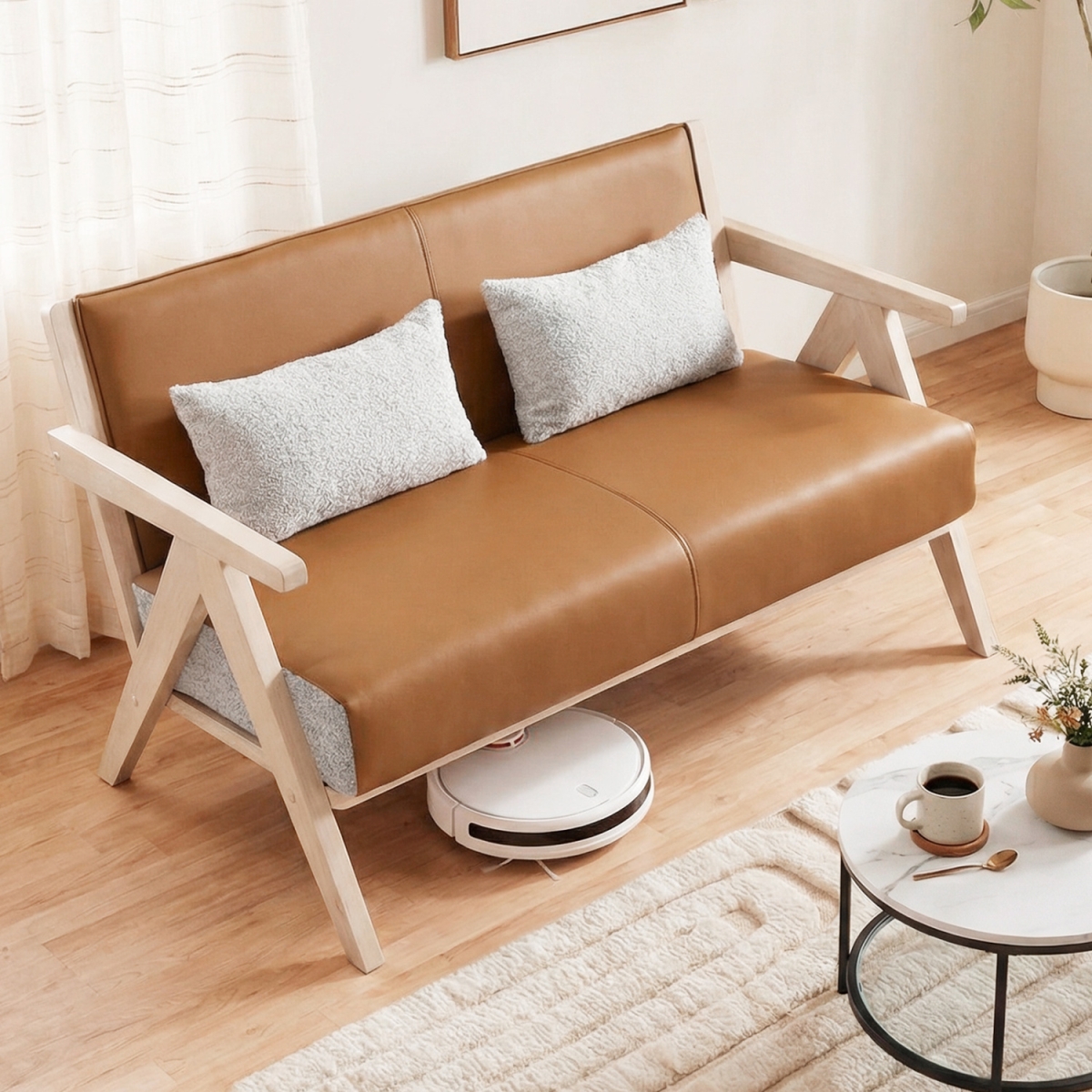 HV10948BN Loveseat Sofa for Small Spaces with Throw Pillows Rubber Wood Frame Padded Seat - Brown