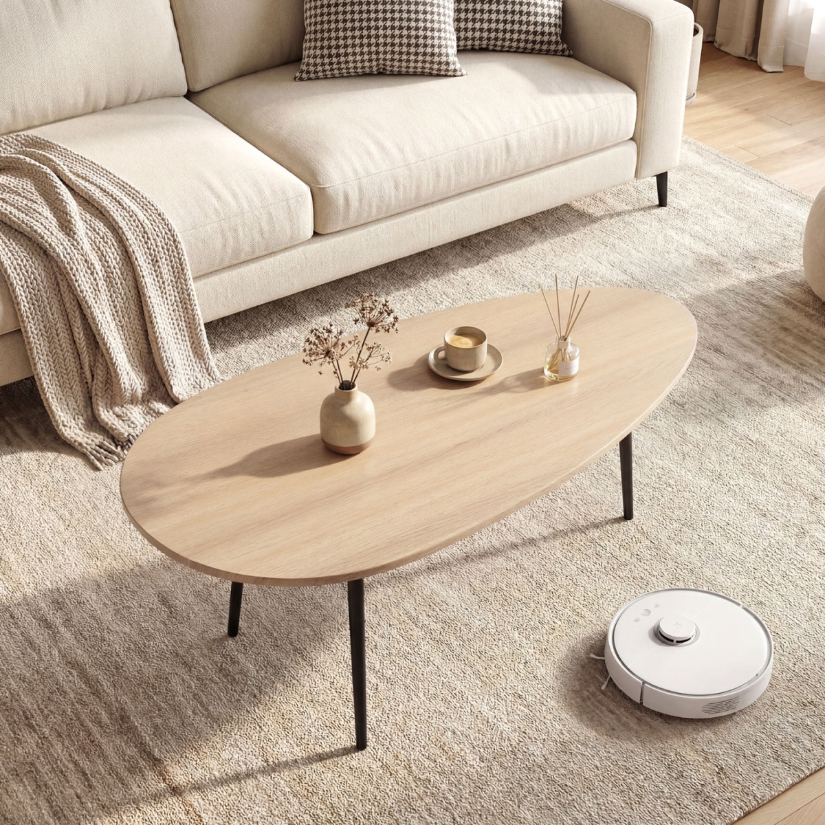 HV10971NA Oval Coffee Table Mid Century Center Table with Sturdy Metal Construction - Natural