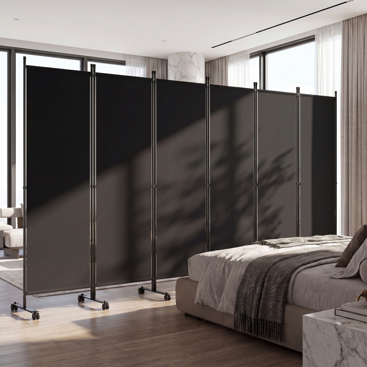 HV10995DK 6-Panel Folding Room Divider with Rolling Wheels & Support Feet - Black