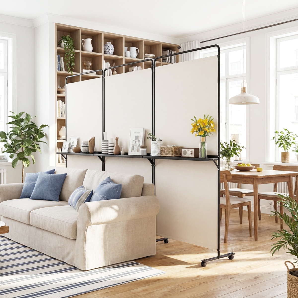 HV11025WH 3-Panel Room Divider with Shelves 6 ft. Tall Folding Privacy Screen with Lockable Wheels - White