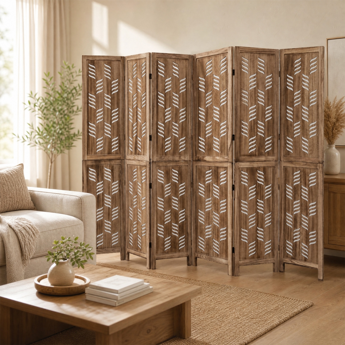 HV11028CF-6 5.5 ft. Tall Room Divider 6 Panels with Wave Cutout & Paulownia Frame - Brown