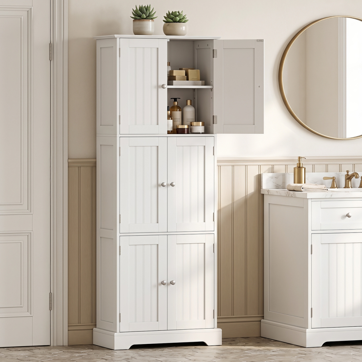 JV14472WH 63 in. Tall Bathroom Storage Cabinet with 6 Doors & Adjustable Shelves - White