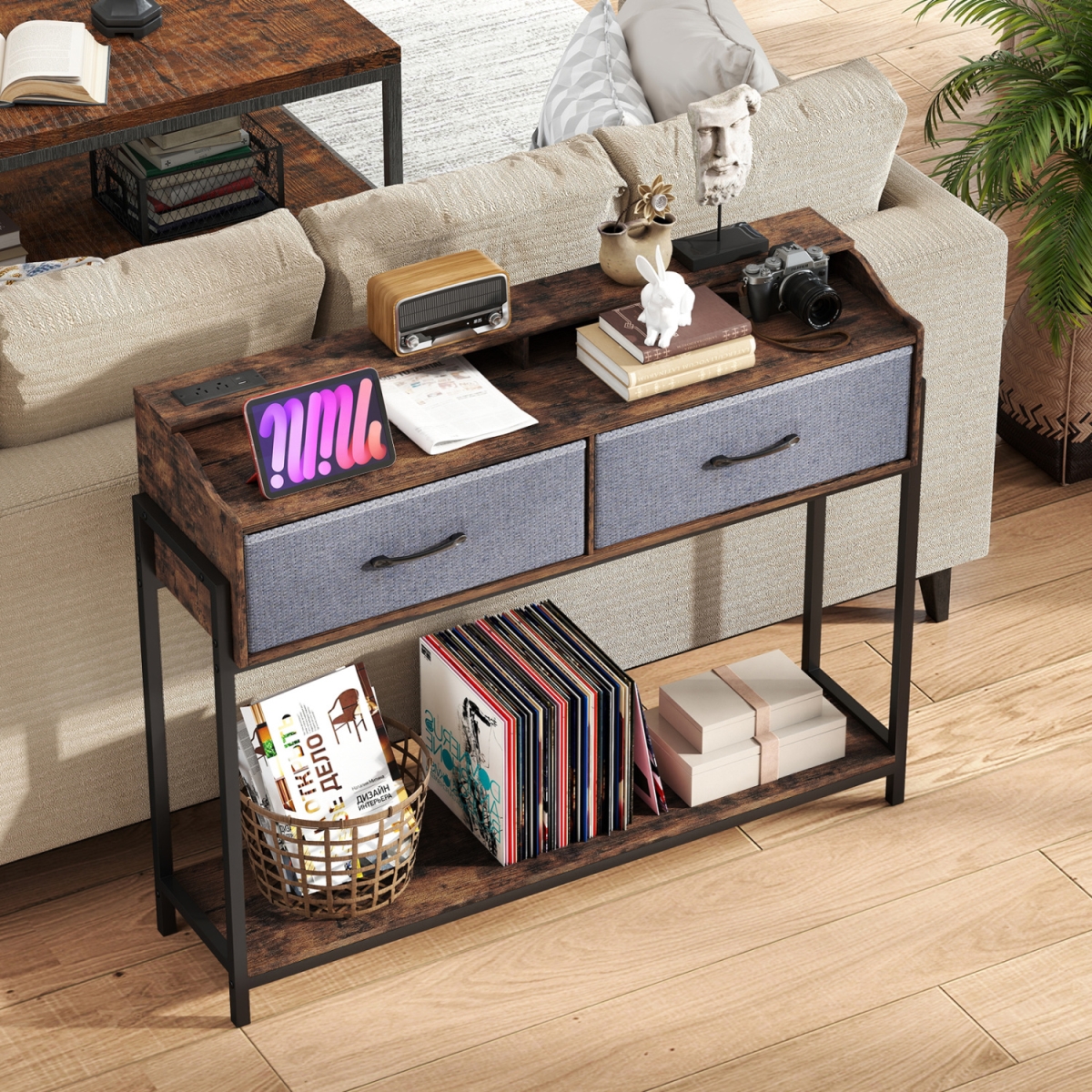 JV14551US-CF Console Table with Charging Station 110 cm Narrow Entryway Table with 2 Drawers & Shelves - Rustic Brown