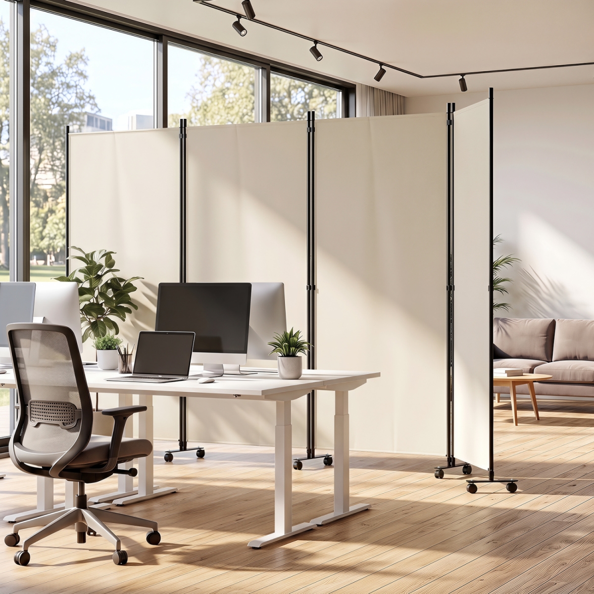 JV14584WH 4 Panel Folding Privacy Screen Room Divider with Wheels - White