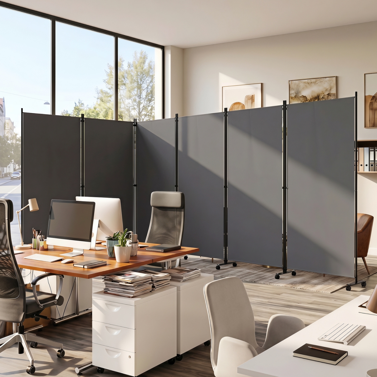 JV14585GR 6 Panel Folding Privacy Screen Room Divider with Wheels - Gray