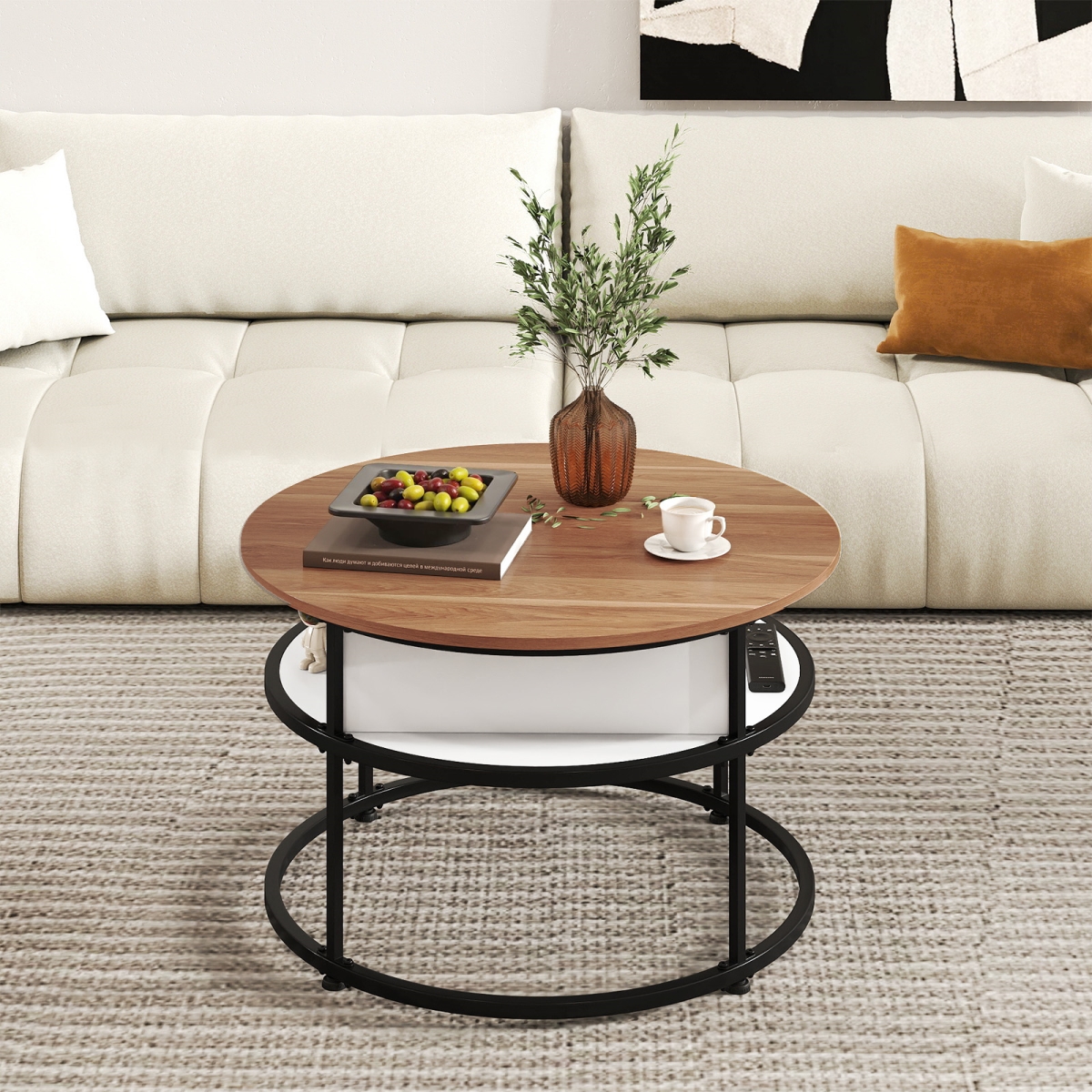 JV11826TK 31.5 in. Round Lift Top Coffee Table with Hidden Compartment & Side Shelves - Teak