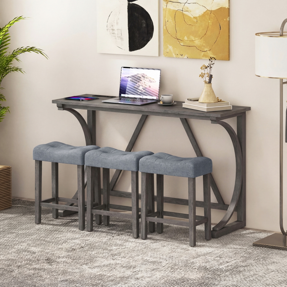 JV11850DK Bar Table Set with Power Outlet & Upholstered Saddle Seat Stools - Black - 4 Piece