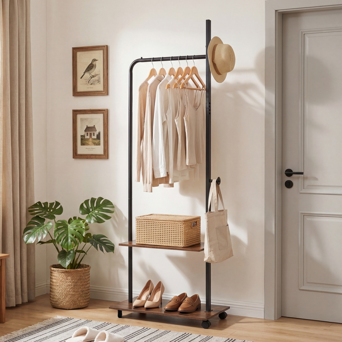 JV13596CF Freestanding Clothing Rack with Wheels & Storage Shelves for Entryway & Bedroom - Rustic Brown