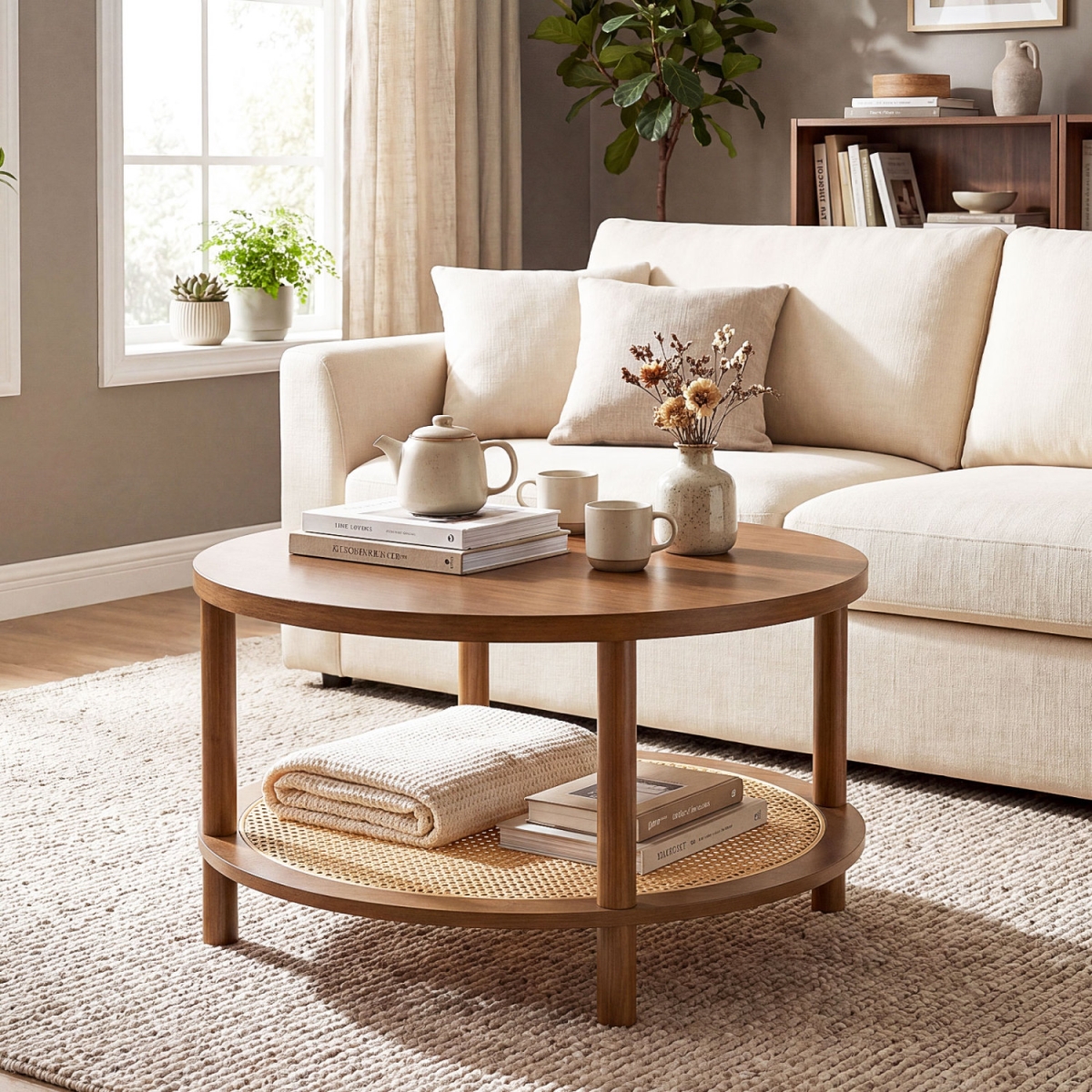 JV13653WN 2-Tier Boho Round Rattan Coffee Table with Storage Shelf - Walnut