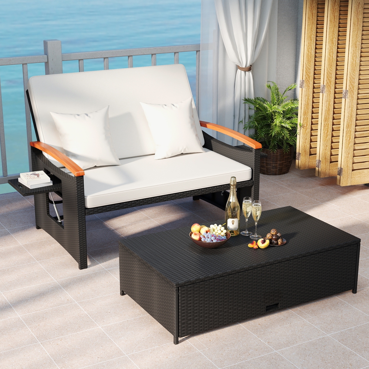 HW75137WH Outdoor Wicker Daybed with Folding Panels & Storage Ottoman - White