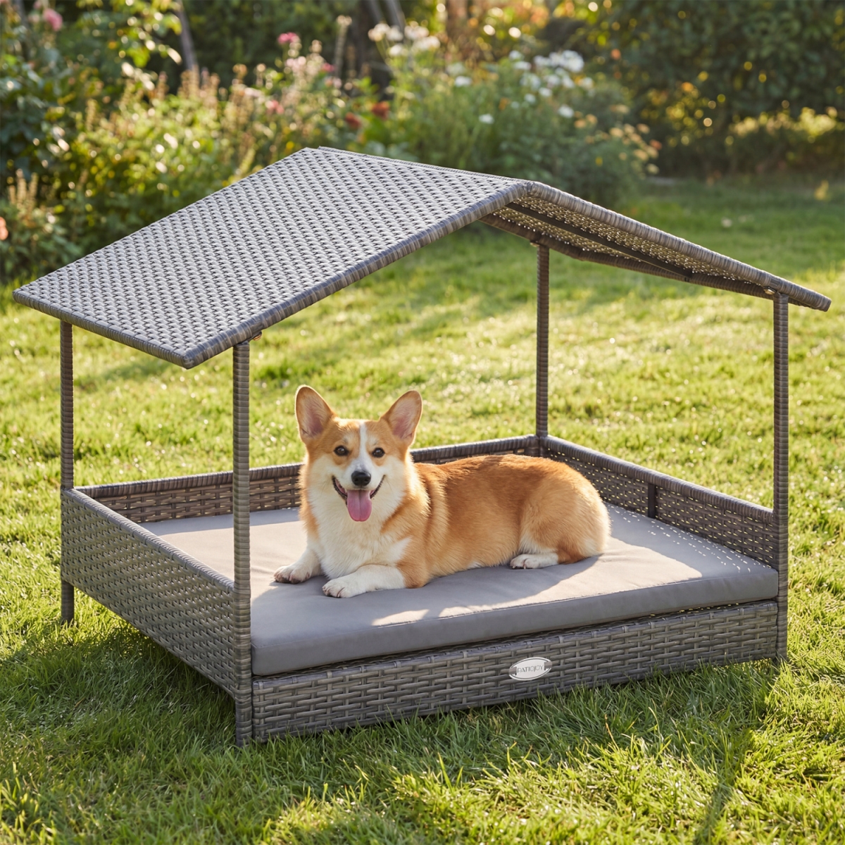 HW75191GR Wicker Dog House Elevated PE Rattan Dog Bed with Canopy - Gray