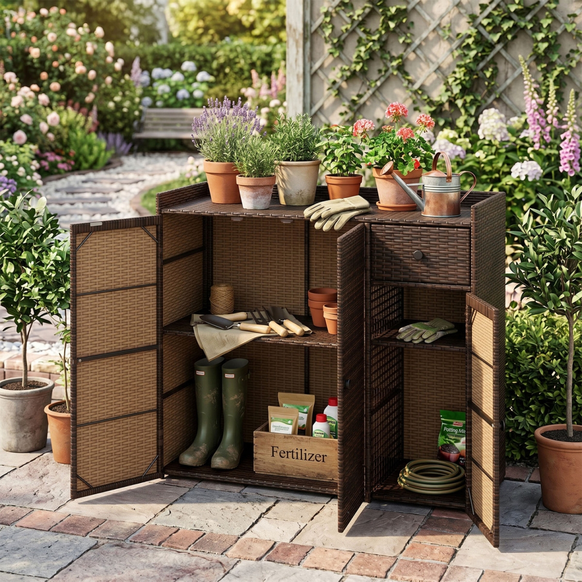 HW76154BN Outdoor PE Wicker Storage Cabinet with 3 Doors & Adjustable Shelves & Drawer - Brown