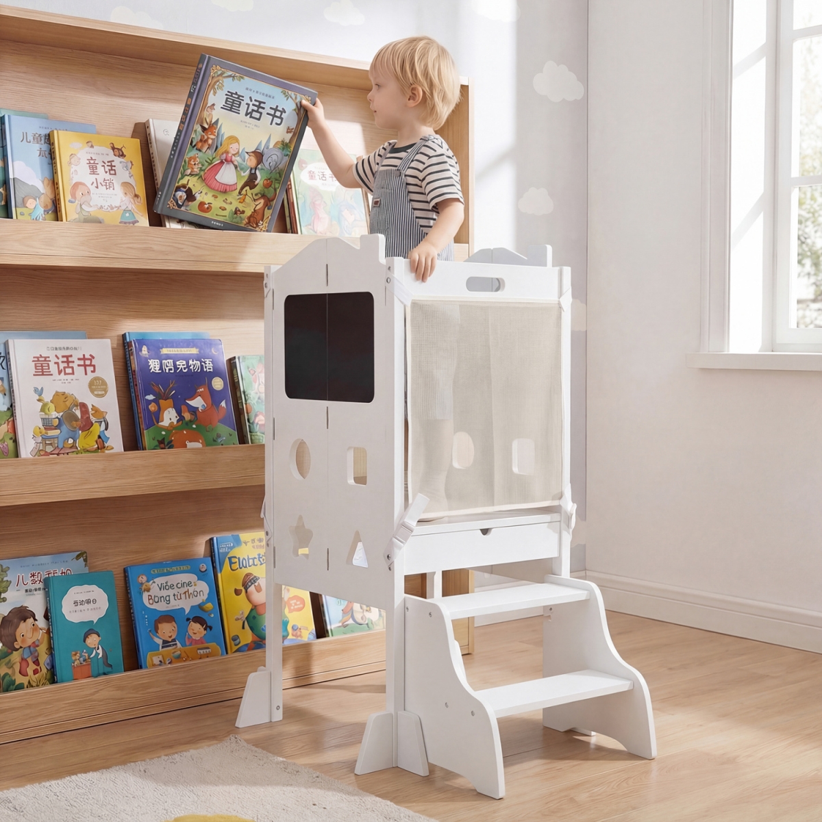 HY10402WH Foldable Toddler Step Stool with Chalkboards 2-Step Stool - White