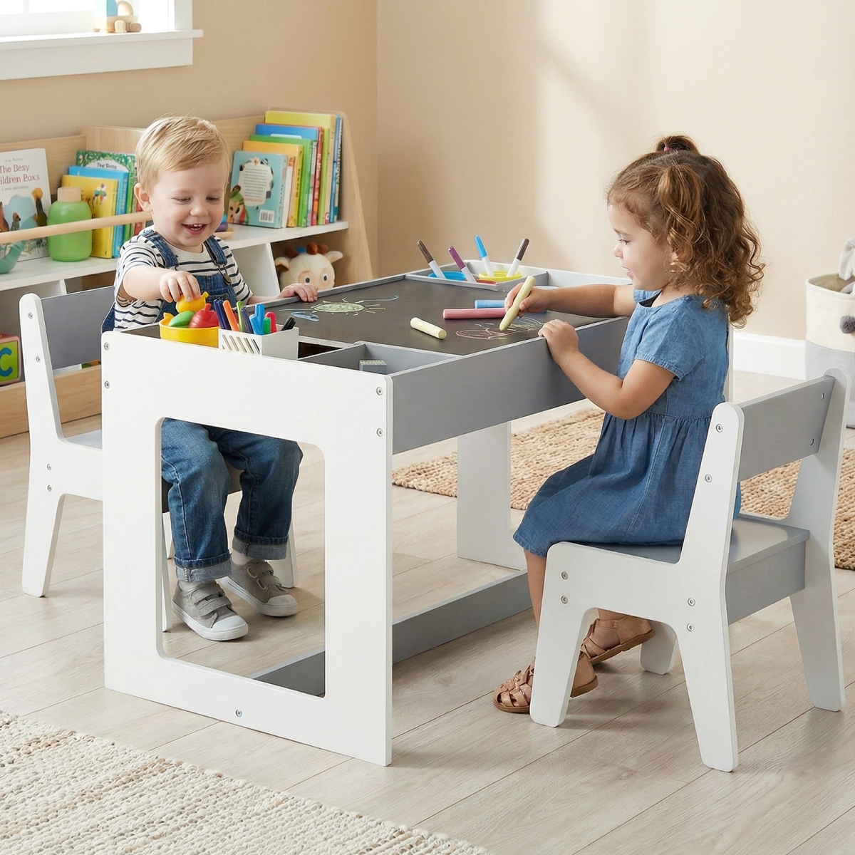 HY10473HB Multifunctional Kids Table & 2 Chairs Set with Chalkboard - Gray