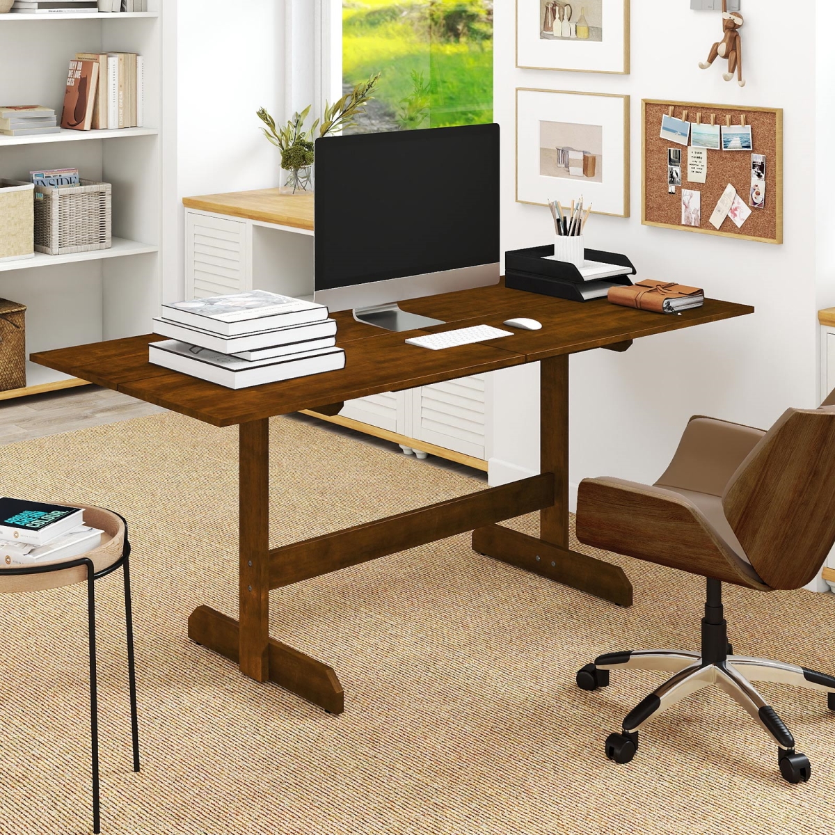 KC59204WN 71 in. Farmhouse Dining Table Wooden Kitchen Table for 6-8 with Rubber Wood Legs - Walnut