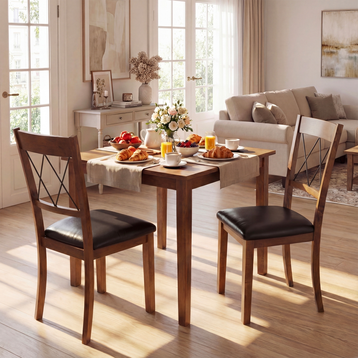 KC59236WN-2 Dining Chair Fabric Upholstered Kitchen Armless Chairs with Rubber Wood Frame - Walnut - Set of 2