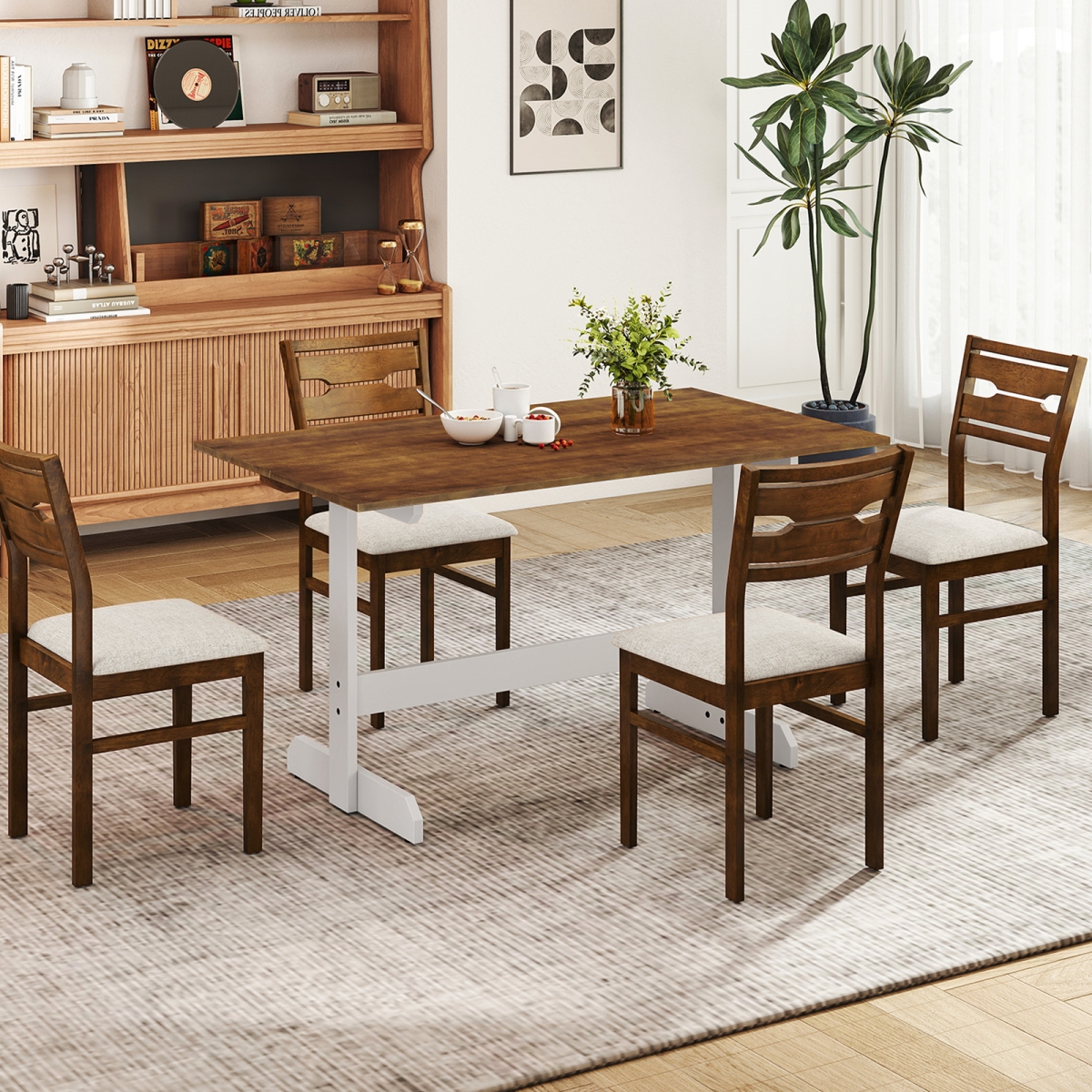 KC59271WN 55 in. Dining Table for 4-6 People Rectangular Kitchen Table with Solid Wood Trestle Base - Walnut