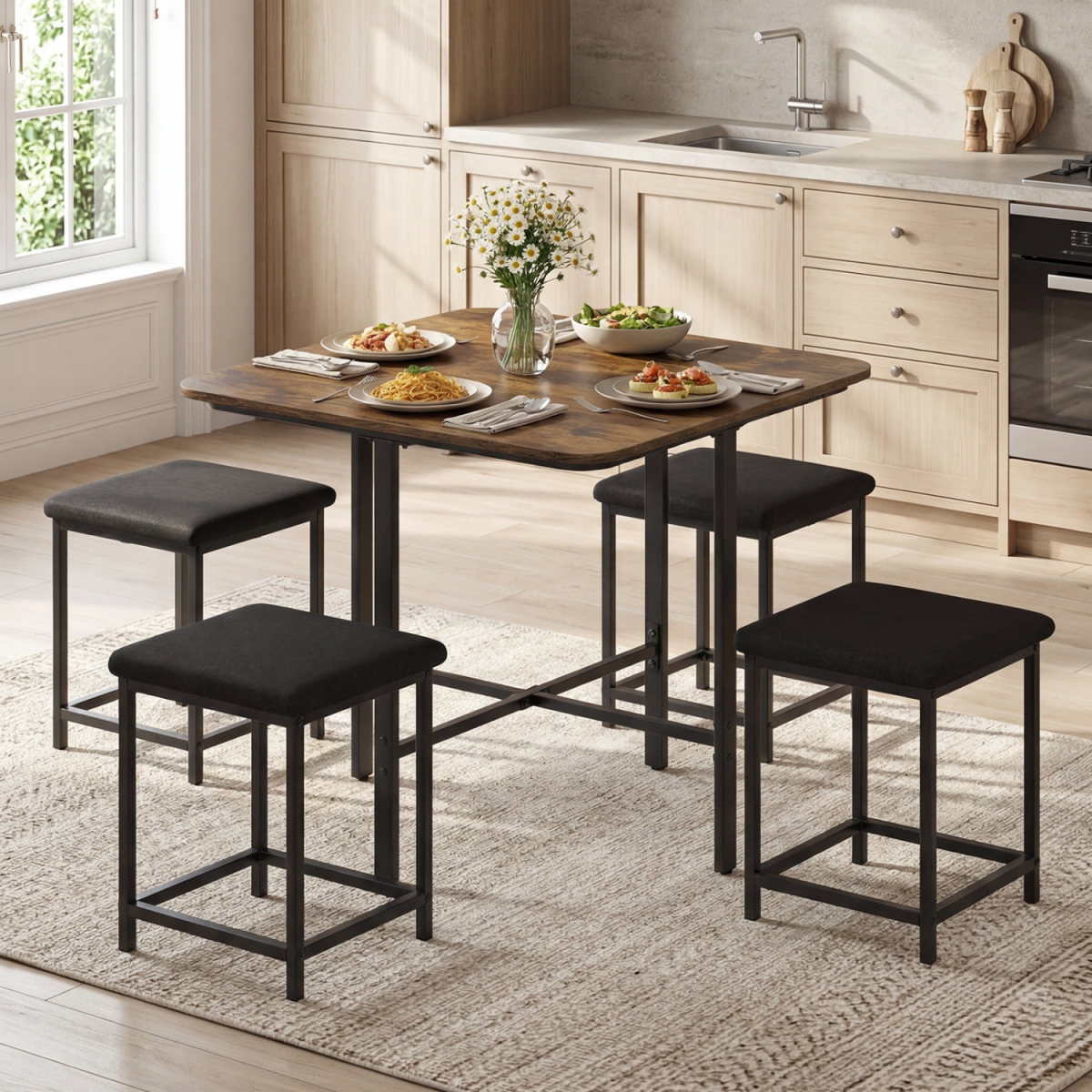 KC59381CF- Dining Table Set with 4 Upholstered Stools & Metal Frame - Rustic Brown