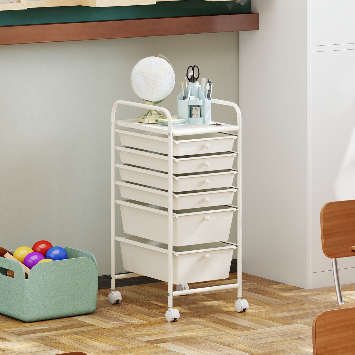 HW53824WH Multifunctional 6 Drawers Rolling Storage Cart Organizer - White