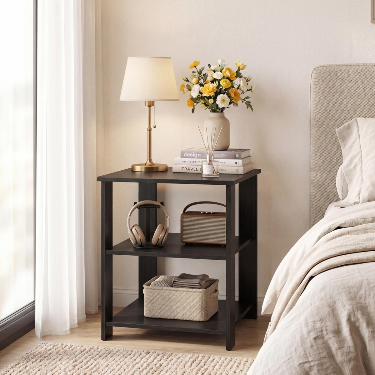 JZ10536BK-1 3-Tier Modern Nightstand Square Side Table with Open Storage Shelves - Black