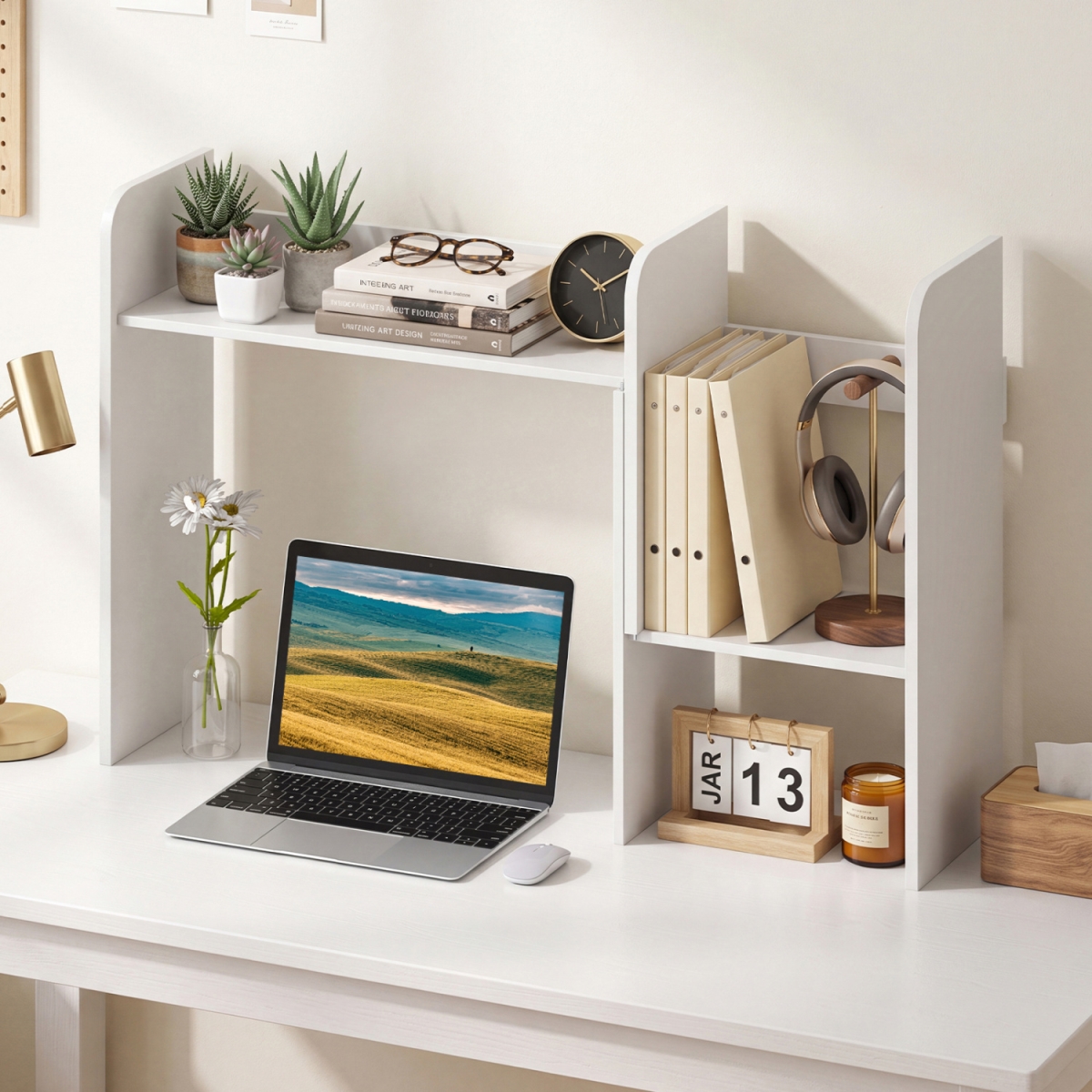 JZ10581TY-WH Expandable Desk Bookshelf with Open Cubes & Desktop Display Rack - White