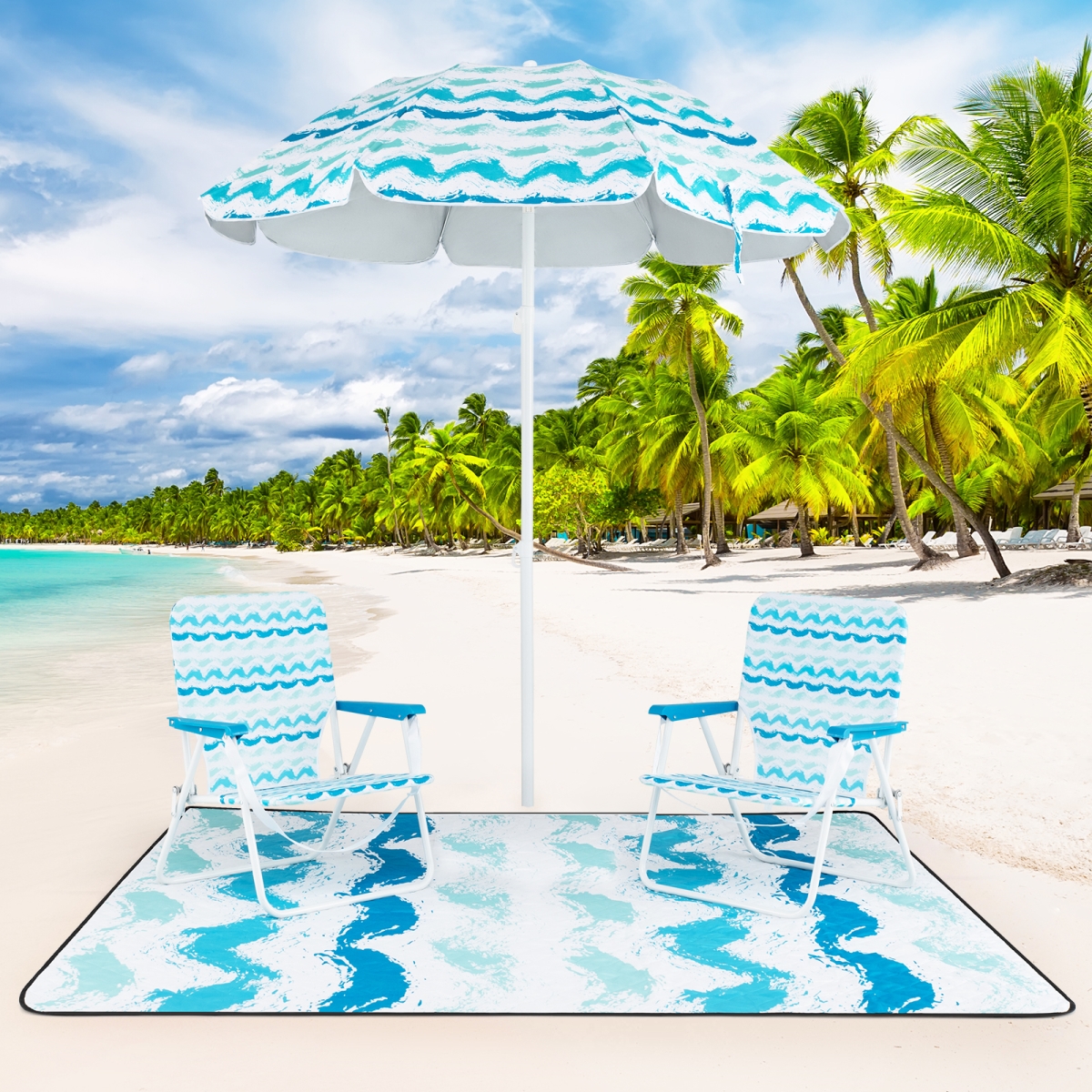 NP12549BL Beach Umbrella Set with 2 Foldable Chairs & Picnic Blanket - Blue - 4 Piece