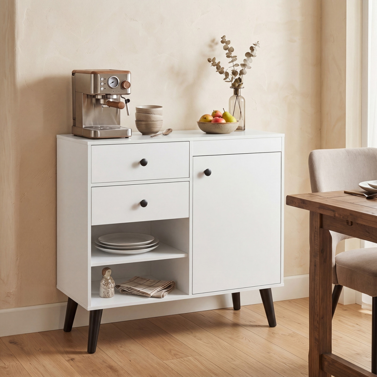 JV13834WH 31 in. Sideboard Cabinet with 2 Open Compartments & 2 Drawers - White