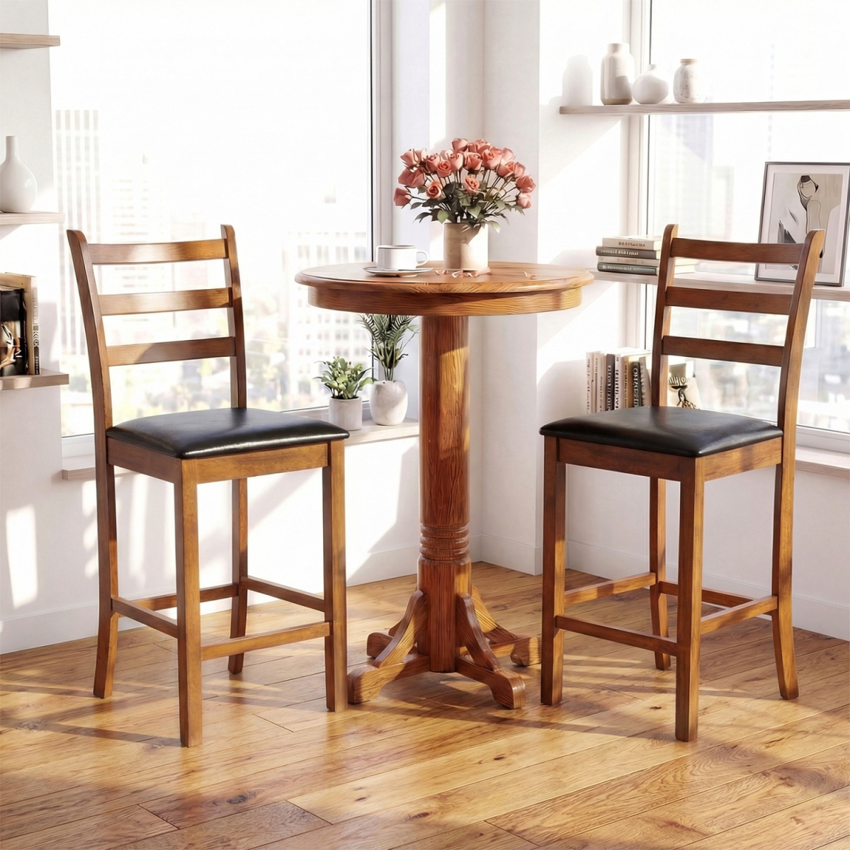 JV14043WN-2 Rubber Wood Ladder Back Bar Stools 24 in. Counter Height Kitchen Island High Chairs - Walnut - Set of 2