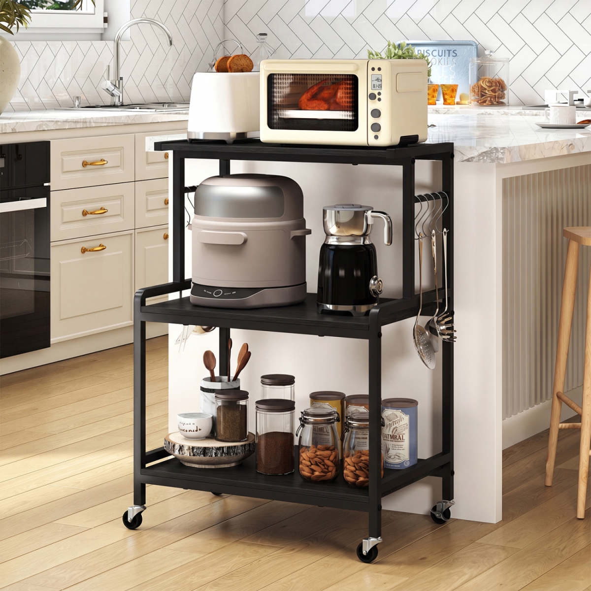 JV14126US-DK 3-Tier Rolling Microwave Cart with Power Outlet & Lockable Wheels & 10 Hooks - Black