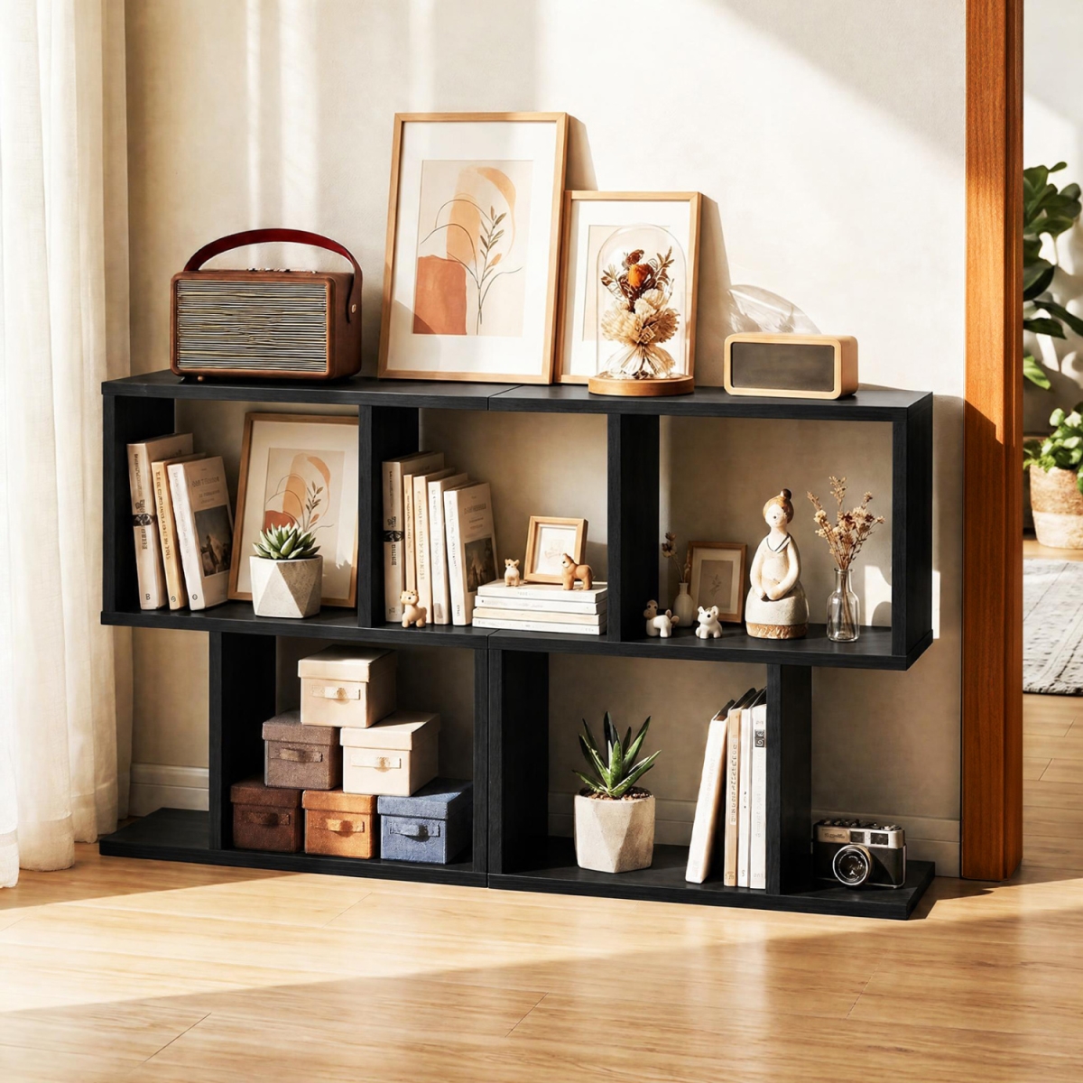 JV14242DK-2 3-Tier Geometric Bookshelf Freestanding Display Shelf Side Table - Black - Set of 2